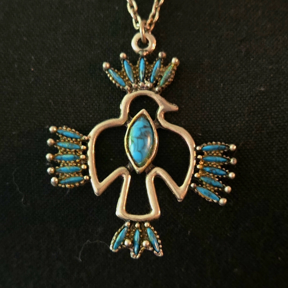 Thunderbird Turquoise & Silver Native American Pendant With Necklace